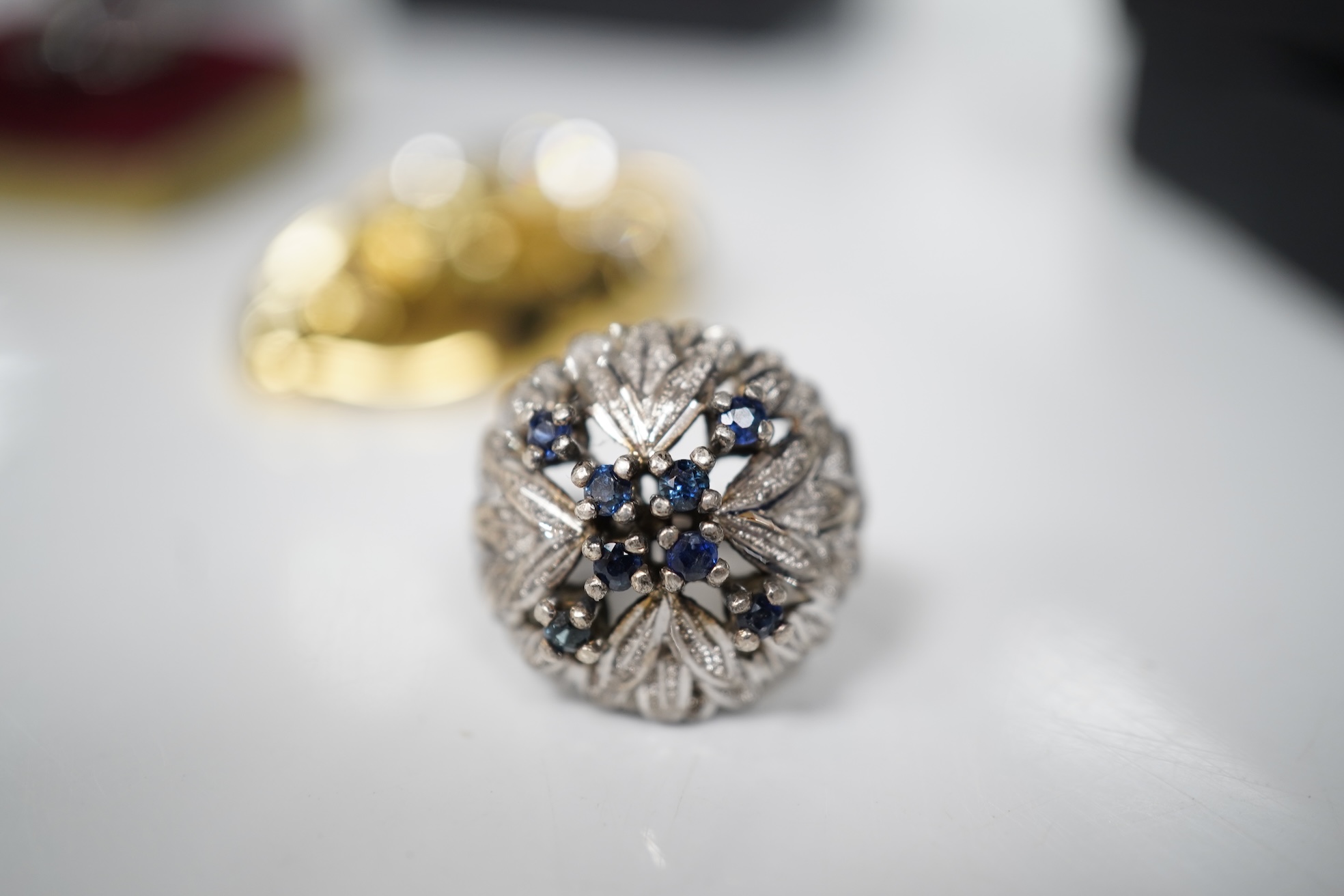 A collection of jewels, comprising: an opal and sapphire cluster ring and a citrine ring in 9ct gold, each with British hallmarks, combined gross weight approximately 4 grams; together with a pair of blue topaz and marca